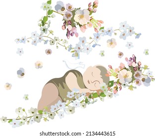 A peaceful sweet baby sleeping on a bed of flowers and cherry blossom branches with a Peace dove laying on his shoulder.