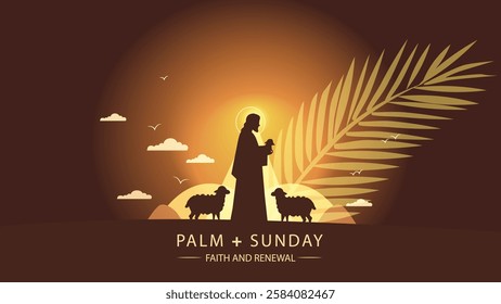 A peaceful and symbolic Palm Sunday image featuring a silhouette of Jesus holding a palm branch with two donkeys, set against a warm sunset backdrop