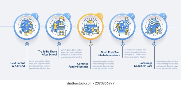 Peaceful teen parenting tips circle infographic template. Family. Data visualization with 5 steps. Editable timeline info chart. Workflow layout with line icons