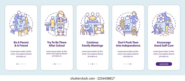 Peaceful teen parenting tips onboarding mobile app screen. Family walkthrough 5 steps editable graphic instructions with linear concepts. UI, UX, GUI template. Myriad Pro-Bold, Regular fonts used