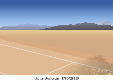 peaceful tennis court and palm shadow in hot vast desert, lonely place concept illustration background, minimal - nostalgic feeling