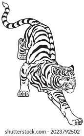 Peaceful tiger climbing down. Black and white tattoo. Graphic style vector illustration