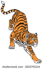 Peaceful tiger climbing down. Tattoo style vector illustration