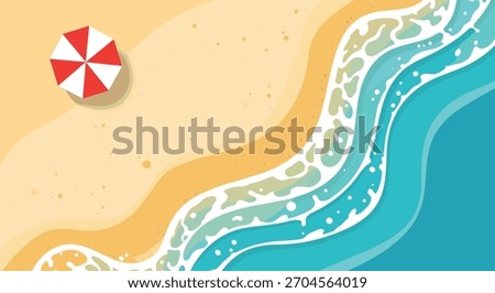 Peaceful top-down aerial view of a sandy beach featuring a red and white umbrella and foamy turquoise ocean waves lapping the shore.