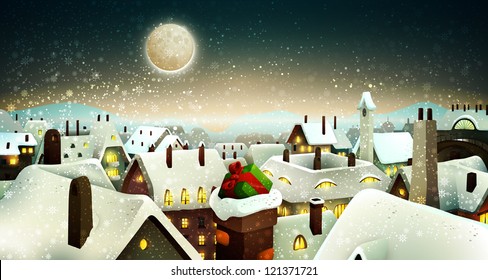 Peaceful Town Under Moonlight At Christmas Eve | Holiday Greeting Card, Banner | Layered Vector Background