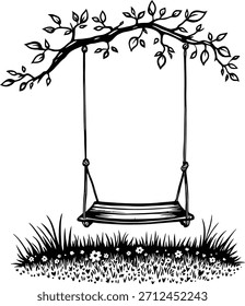Tranquilo Vector de árbol con Elementos naturales al aire libre que incluyen hojas, hierba, flores y nostálgicos paisajes de la infancia