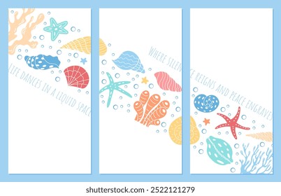 A peaceful underwater design set with sea creatures like colorful coral and seashells. Vivid marine life within a tranquil sea and ocean environment, showcasing aquatic diversity.