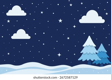 Un fondo de Vector tranquilo de un paisaje invernal en la noche. Esta simple escena nevada presenta pinos, colinas, nubes y estrellas en una hermosa paleta de colores azules