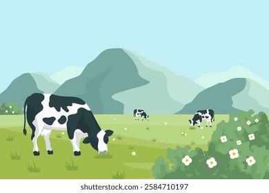 A peaceful vector farm background with green fields, a grazing dairy cow, and distant mountains. Perfect for agricultural and rural-themed designs.