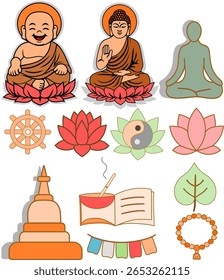 A peaceful vector icon set featuring Buddha, meditation, lotus flowers, and spiritual elements. Ideal for wellness, mindfulness, yoga, Zen design, and spiritual or religious-themed projects.