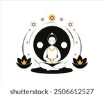 A peaceful vector illustration of Buddha meditating with a yin-yang symbol and lotus flowers. Perfect for designs focused on balance, spirituality, and mindfulness.