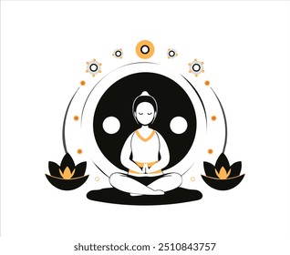 A peaceful vector illustration of Buddha meditating with a yin-yang symbol and lotus flowers. Perfect for designs focused on balance, spirituality, and mindfulness.