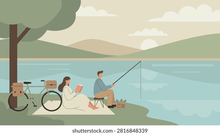 Peaceful vector illustration of a couple relaxing by a calm lake with a woman reading a book and a man fishing during sunset.
