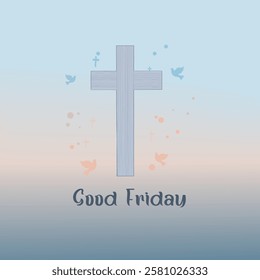 A peaceful vector illustration for Good Friday, featuring a solid blue cross standing against a soft gradient background transitioning from sky blue to warm beige. 