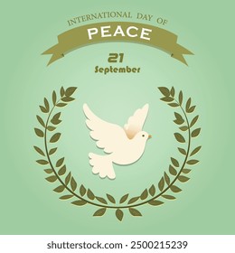 A peaceful vector illustration for International Peace Day, depicting doves in flight, olive branches, and harmonious global figures, symbolizing unity, hope, and the quest for worldwide peace.