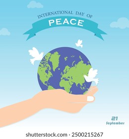 A peaceful vector illustration for International Peace Day, depicting doves in flight, olive branches, and harmonious global figures, symbolizing unity, hope, and the quest for worldwide peace.