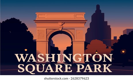A peaceful vector illustration of Washington Square Park, featuring the iconic arch, autumn foliage, and a view of the New York City skyline at sunset