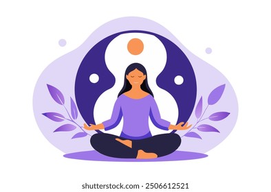 : A peaceful vector illustration of a woman meditating in a lotus pose, surrounded by the yin-yang symbol and leaves. Ideal for designs related to yoga, balance, and mindfulness.