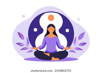 A peaceful vector illustration of a woman meditating in a lotus pose, surrounded by the yin-yang symbol and leaves. Ideal for designs related to yoga, balance, and mindfulness.