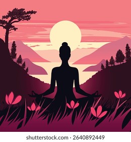 Peaceful vector illustration of a woman meditating in lotus pose among flowers at sunrise, surrounded by mountains, trees, and a glowing river. 