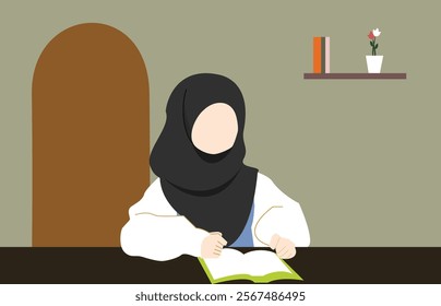 A peaceful vector of an Islamic girl wearing a hijab, reading a book during Ramadan, focusing on self-development. The setting reflects the spirit of reflection and growth during this holy month.