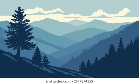 Paisagem de montanha vetorial pacífica com picos azuis e pinheiros em camadas, mostrando a serenidade da natureza.