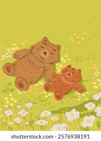 A peaceful vertical postcard illustration of a mother bear and baby bear relaxing on a field of spring flowers, enjoying warm rays of sun. A heartwarming family scene, perfect for nature and wildlife