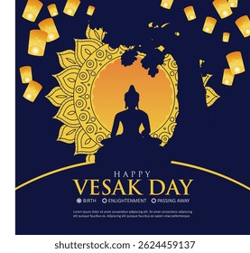 Peaceful Vesak Day 2025 illustration with meditating Buddha under Bodhi tree at night. Buddha silhouette vector illustration. Fit for Vesak Day May 2025 background, poster and greeting