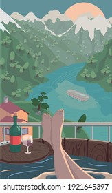 Ilustración vectorial con una mujer bañada en el balcón, bebiendo vino, disfrutando de las vistas de las montañas, la puesta de sol, el crucero y el río en algún lugar de Escandinavia