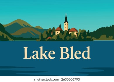 A peaceful view of Lake Bled, with its iconic church island in the center, surrounded by misty mountains at sunrise