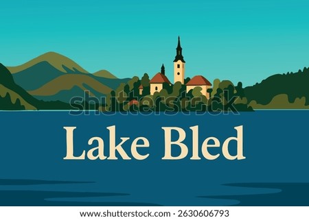 A peaceful view of Lake Bled, with its iconic church island in the center, surrounded by misty mountains at sunrise