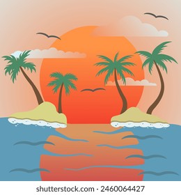 A peaceful view of the sunset. Palm trees on the island. Tropical relaxation. Summer season. EPS 10.