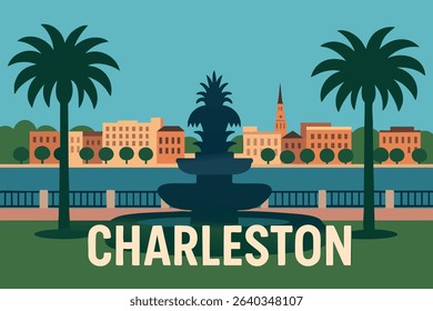 A peaceful view of Charleston’s Waterfront Park, with its lush greenery and fountains in the foreground and the city’s skyline rising in the distance.