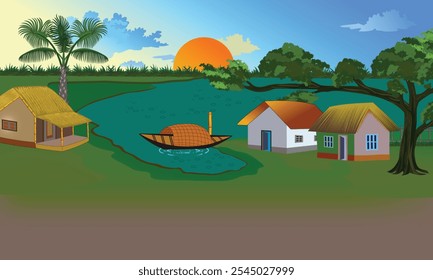 Peaceful village landscape vector illustration with traditional houses, river, boat and sunset. Serene countryside nature scene artwork