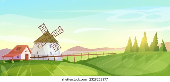 Peaceful village poster. Farm natural landscape with mill and rustic houses, forest and field. Panorama with summer rural scenery and agriculture with growing plants. Cartoon flat vector illustration