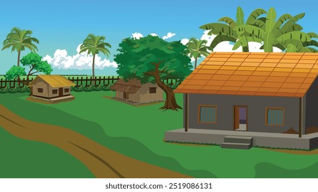 A peaceful village scene with a house situated in the middle of the village, surrounded by other houses and a palm tree beside a village road