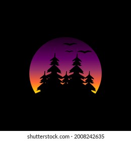 A peaceful and visually striking logo design showcasing a forest silhouette with a warm sunset in the background, symbolizing adventure, serenity, and connection to nature. Perfect for outdoor brands,