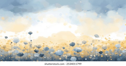 Friedliche Aquarellmalerei mit zarten blauen und weißen Blütenfeldern in warmen Sonnenlicht. Weiche Farben und ruhiges Ambiente, entspannende und aufregende Atmosphäre. Blumenvektordesign 