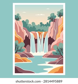 Peaceful waterfall cascading through rocky canyon surrounded by lush trees in minimalist flat vector illustration.