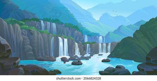 A peaceful waterfall during the winter season. River flowing through the mountains.