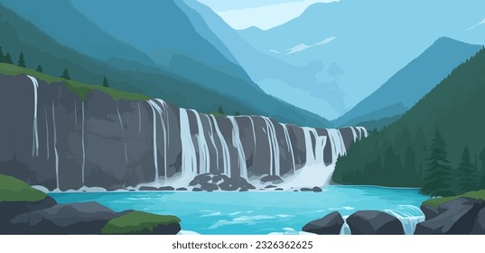 A peaceful waterfall during the winter season. River flowing through the mountains.
