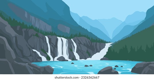 A peaceful waterfall during the winter season. River flowing through the mountains.
