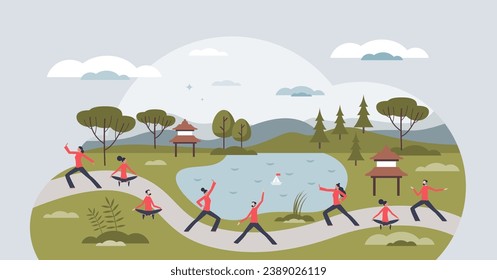 Peaceful wellness escape group for relaxation in nature tiny person concept. Yoga and meditation retreat for mental health balance, calm holistic transformation and digital detox vector illustration.