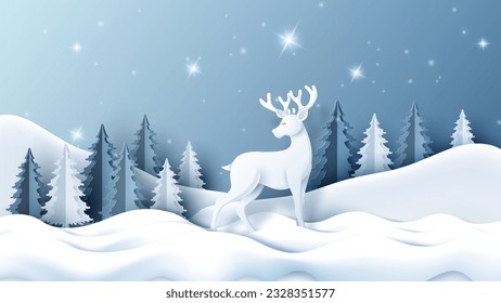 Reno con árbol de navidad y nieve, la temporada invernal y la navidad. Ilustración vectorial en el estilo del arte del papel.