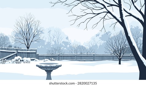 Peaceful winter landscape featuring a snow covered garden with a birdbath and silhouettes of bare trees against a cold sky.