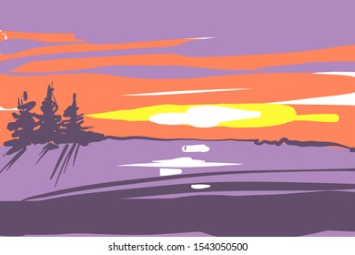 Peaceful winter landscape at sunset time vector illustration