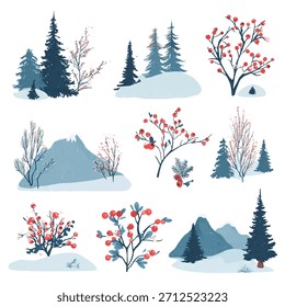 A peaceful winter nature pack with pine trees, snow piles, branches, berries, and minimal mountains. All shapes are clean and fully expandable in Illustrator.