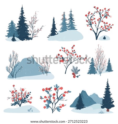 A peaceful winter nature pack with pine trees, snow piles, branches, berries, and minimal mountains. All shapes are clean and fully expandable in Illustrator.