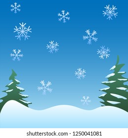 Peaceful winter scene background with pine trees, gentle snowflakes, and soft rolling hills vector Illustration