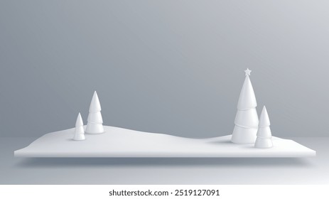 A peaceful winter scene featuring simple 3D Christmas trees on a snowy white landscape. Perfect for holiday cards, seasonal designs, or festive decor, with a clean and serene look.